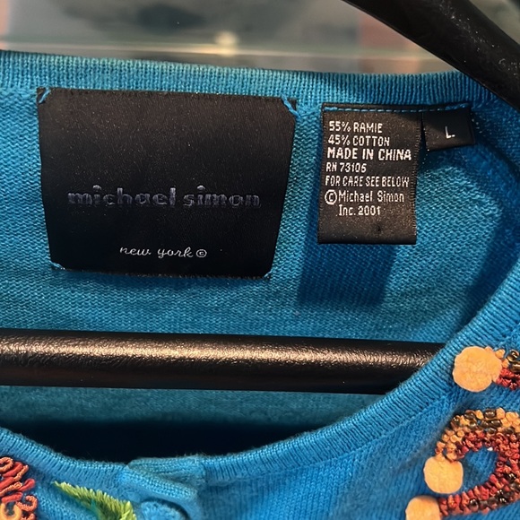 Michael Simon turquoise Large cardigan w/ beaded monkeys - Excellent condition - Picture 2 of 8